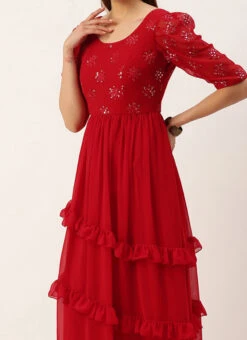 Red Georgette Embroidered Maxi Dress Festive Wear