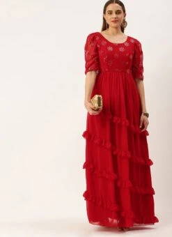 Red Georgette Embroidered Maxi Dress Festive Wear -C Bazaar Shop Red Georgette Embroidered Maxi Dress DRBS02211085 u