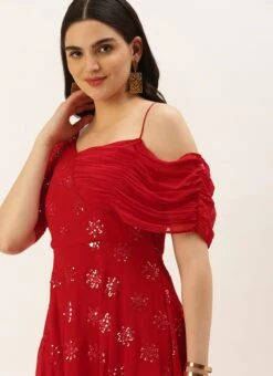 Red Georgette Embroidered One Shoulder Style Gown Party Wear -C Bazaar Shop Red Georgette Embroidered One Shoulder Style Gown IWBS02209739 rrc1