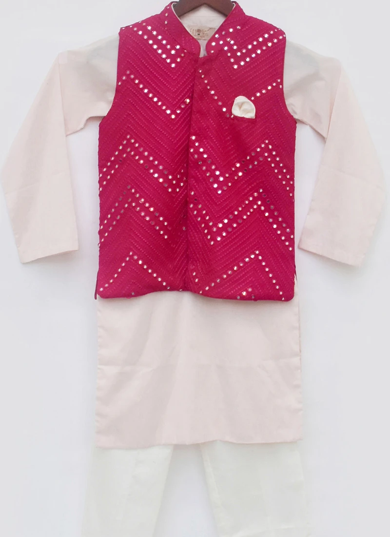 Red N Off White Cotton Silk Mirror Embroidery Bandi Set 1 Red N Off White Cotton Silk Mirror Embroidery Bandi Set