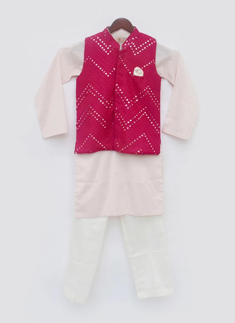 Red N Off White Cotton Silk Mirror Embroidery Bandi Set 2 Red N Off White Cotton Silk Mirror Embroidery Bandi Set - Image 2