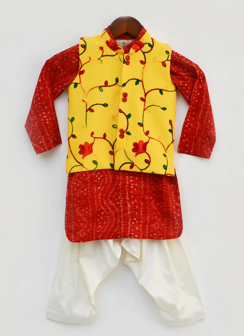 Red N Yellow Cotton Silk Bandhini Bandi Set 2 Red N Yellow Cotton Silk Bandhini Bandi Set - Image 2