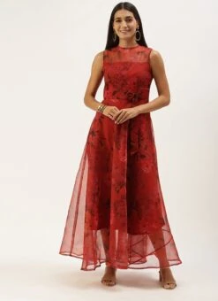 Red Organza Digital Printed Dress Party Wear 10 Red Organza Digital Printed Dress Party Wear -C Bazaar Shop Red Organza Digital Printed Dress DRBS02107581 u