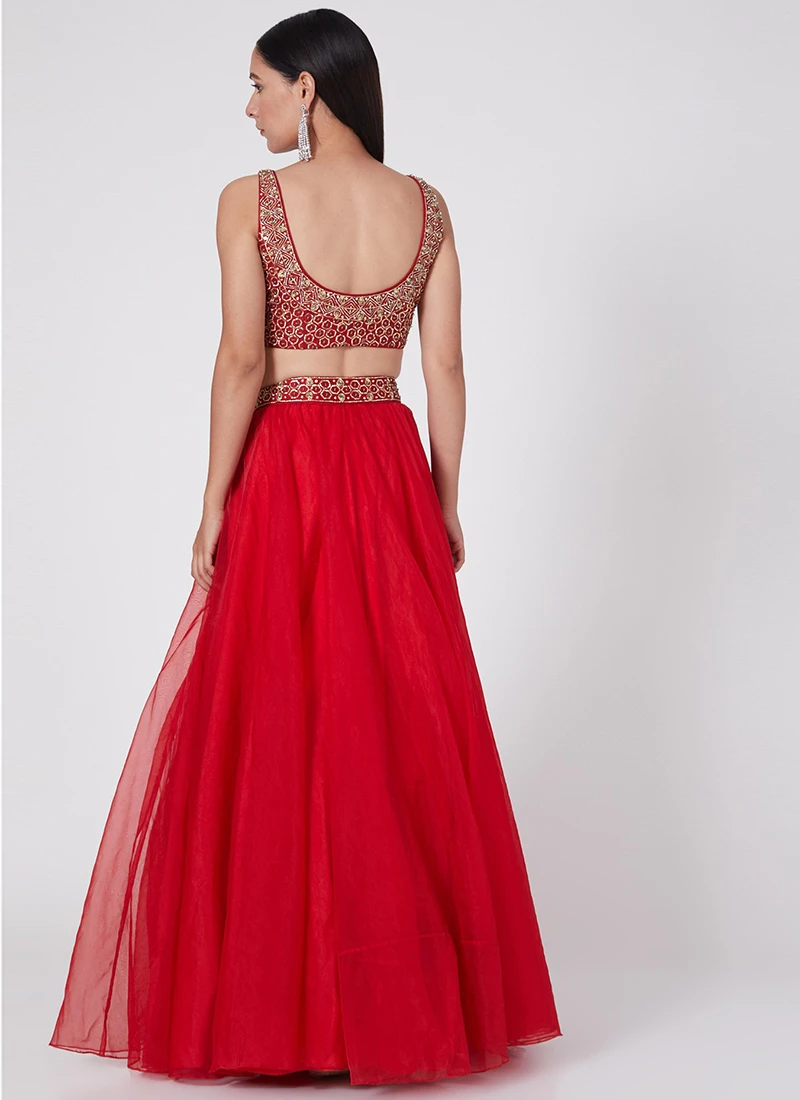 Red Organza Embroidered Umbrella Lehenga Party Wear 4 Red Organza Embroidered Umbrella Lehenga Party Wear - Image 4
