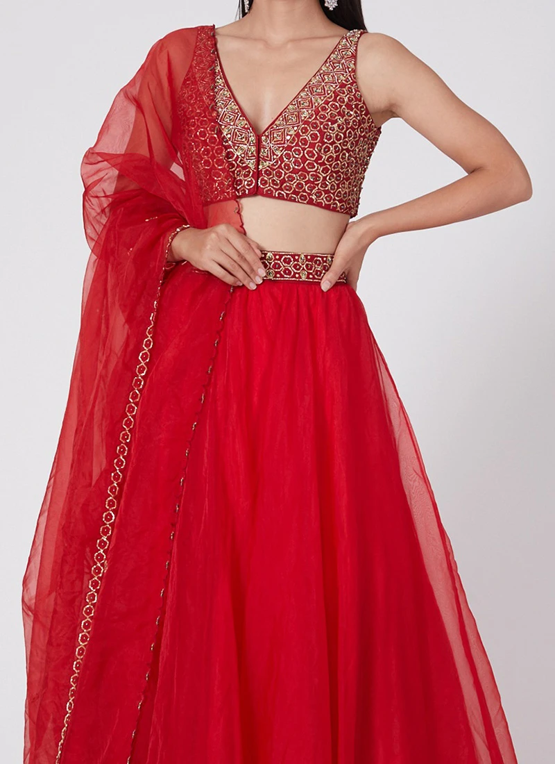 Red Organza Embroidered Umbrella Lehenga Party Wear 1 Red Organza Embroidered Umbrella Lehenga Party Wear