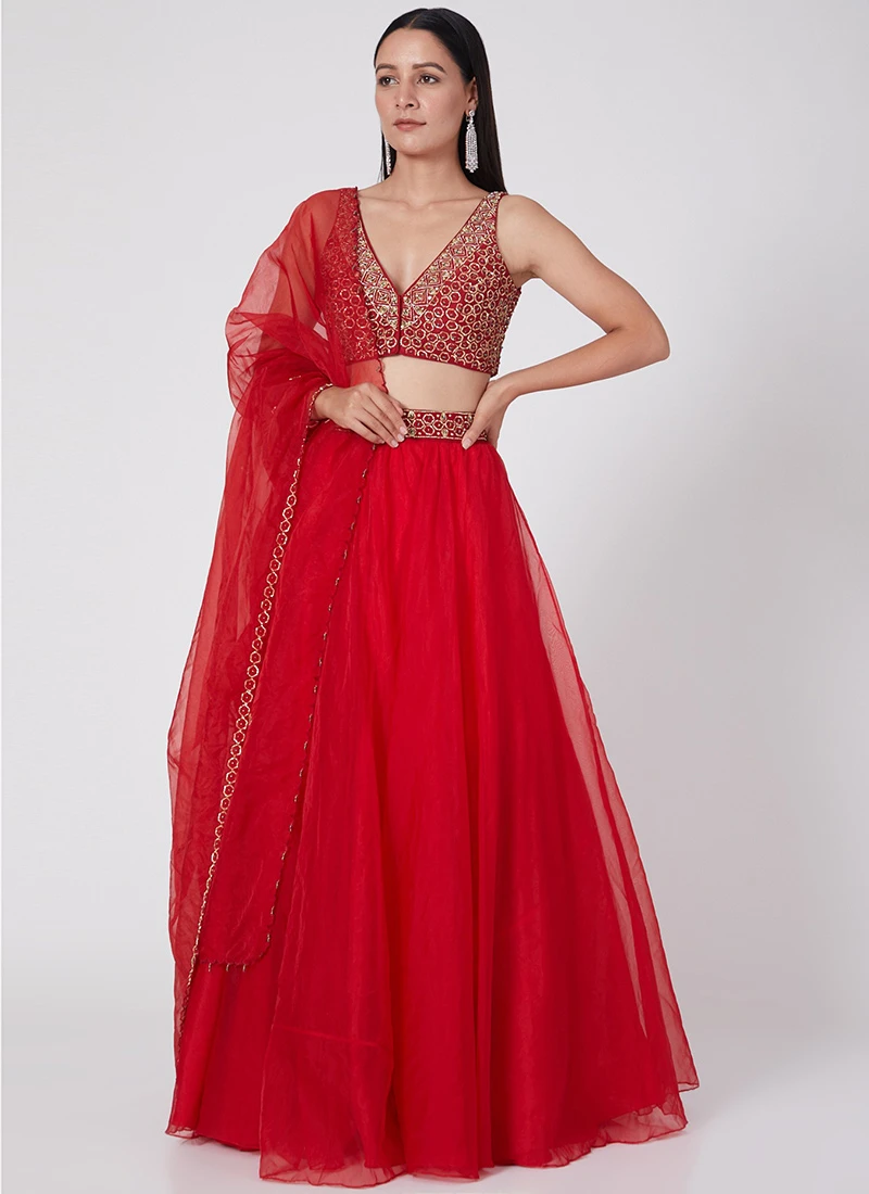 Red Organza Embroidered Umbrella Lehenga Party Wear 3 Red Organza Embroidered Umbrella Lehenga Party Wear - Image 3