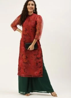 Red Organza N Green Kurta Palazzo Set After Six Wear -C Bazaar Shop Red Organza N Green Kurta Palazzo Set KSBS02107579 u