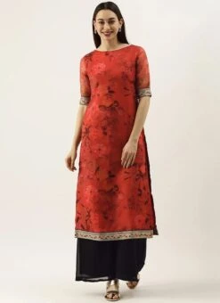 Red Printed Organza Calf Length Kurta Set After Six Wear -C Bazaar Shop Red Printed Organza Calf Length Kurta Set KSBS02104249 u