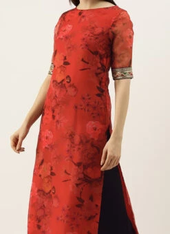 Red Printed Organza Calf Length Top Festive Wear