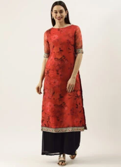 Red Printed Organza Calf Length Top Festive Wear -C Bazaar Shop Red Printed Organza Calf Length Top KRBS02307700 u