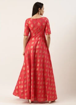 Red Taffeta Jacquard Half Circular Dress Festive Wear -C Bazaar Shop Red Taffeta Jacquard Half Circular Dress DRBS02204664 b
