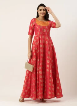 Red Taffeta Jacquard Half Circular Dress Festive Wear -C Bazaar Shop Red Taffeta Jacquard Half Circular Dress DRBS02204664 u