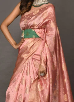Rose Gold Pink Pure Silk Zari Weaving Traditional Saree Festive Wear