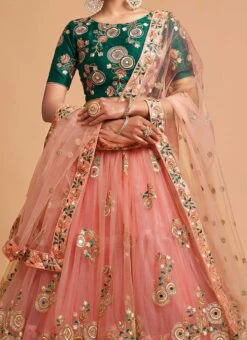 Rose Pink Net Embroidered Umbrella Lehenga Wedding Wear