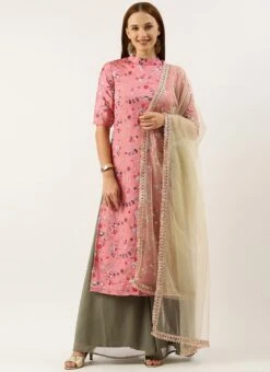 Bottom From Rouge Pink Embroidered Collar Neck Palazzo Suit After Six Wear -C Bazaar Shop Rouge Pink Embroidered Collar Neck Palazzo Suit SLBS02301736 u