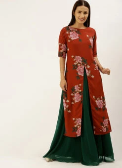 Rust Printed N Green Georgette Kurta Skirt Set After Six Wear -C Bazaar Shop Rust Printed N Green Georgette Kurta Skirt Set KSBS02107573 u