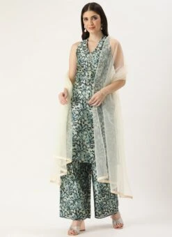 Top From Sage Green Art Silk Digital Printed Top N Pant Suit After Six Wear -C Bazaar Shop Sage Green Art Silk Digital Printed Top N Pant Suit SLBS02210949 u