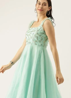 Sea Blue Embroidered Asymmetrical Gown Party Wear