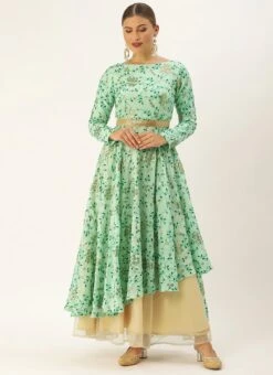 Sea Green Embroidered Asymmetrical Layered Gown Party Wear -C Bazaar Shop Sea Green Embroidered Asymmetrical Layered Gown IWBS02007259 u
