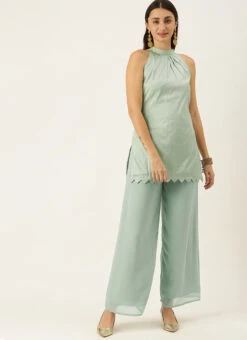 Sea Green Kurta With Wide Leg Pants Festive Wear -C Bazaar Shop Sea Green Kurta With Wide Leg Pants KSBS02109739 u