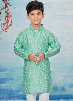 Sea Green Silk Dupion Printed Kids Kurta Pyjama Party Wear -C Bazaar Shop Sea Green Silk Dupion Printed Kids Kurta Pyjama KDBSGRK721 b