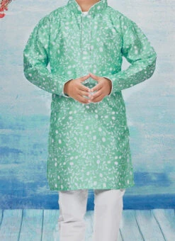 Sea Green Silk Dupion Printed Kids Kurta Pyjama Party Wear
