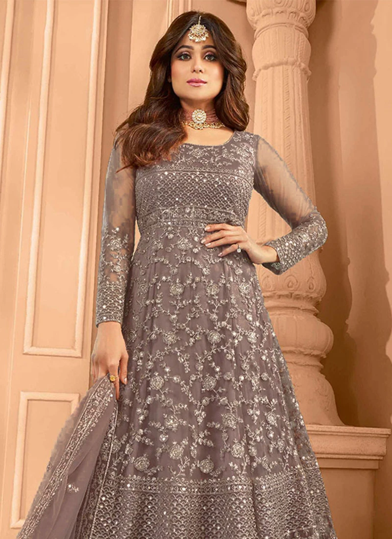Shamita Shetty Lilac Net Sequins Embroidery Anarkali Suit Party Wear 4 Shamita Shetty Lilac Net Sequins Embroidery Anarkali Suit Party Wear - Image 4