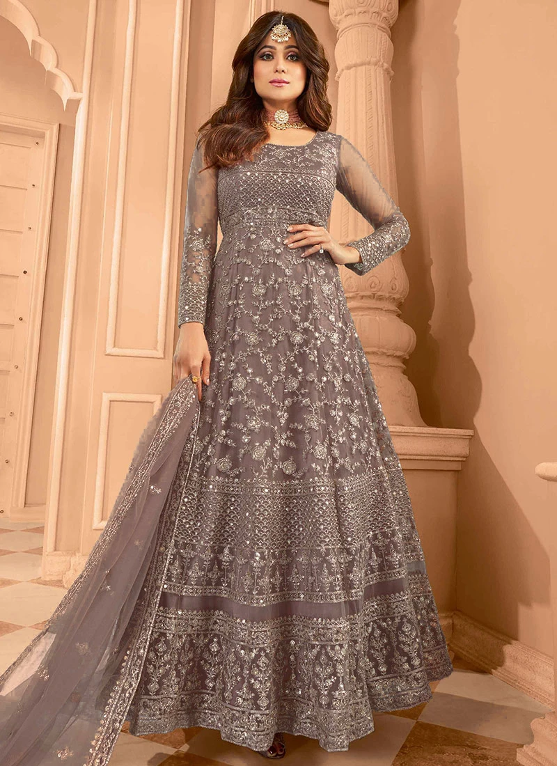 Shamita Shetty Lilac Net Sequins Embroidery Anarkali Suit Party Wear 3 Shamita Shetty Lilac Net Sequins Embroidery Anarkali Suit Party Wear - Image 3