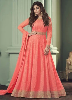 Shamita Shetty Peach Georgette Embroidered Anarkali Suit Party Wear -C Bazaar Shop Shamita Shetty Peach Georgette Embroidered Anarkali Suit SLSLI13518529 u