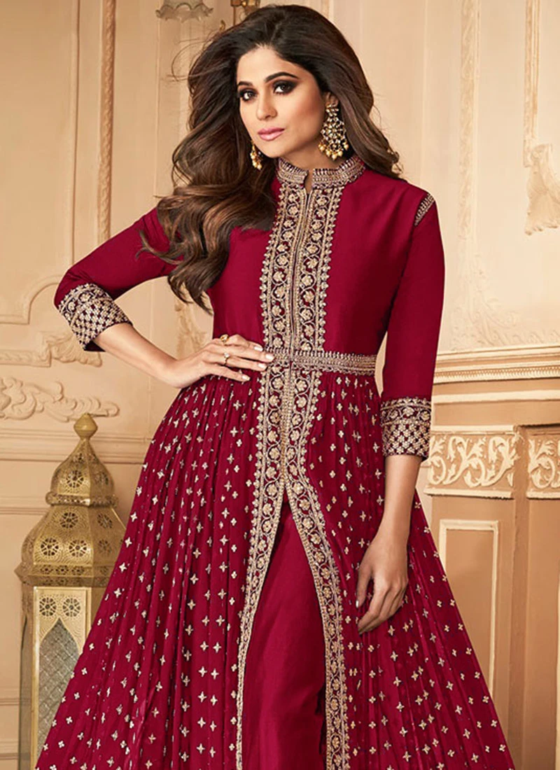 Shamita Shetty Wine Georgette Embroidered Anarkali Party Wear 4 Shamita Shetty Wine Georgette Embroidered Anarkali Party Wear - Image 4