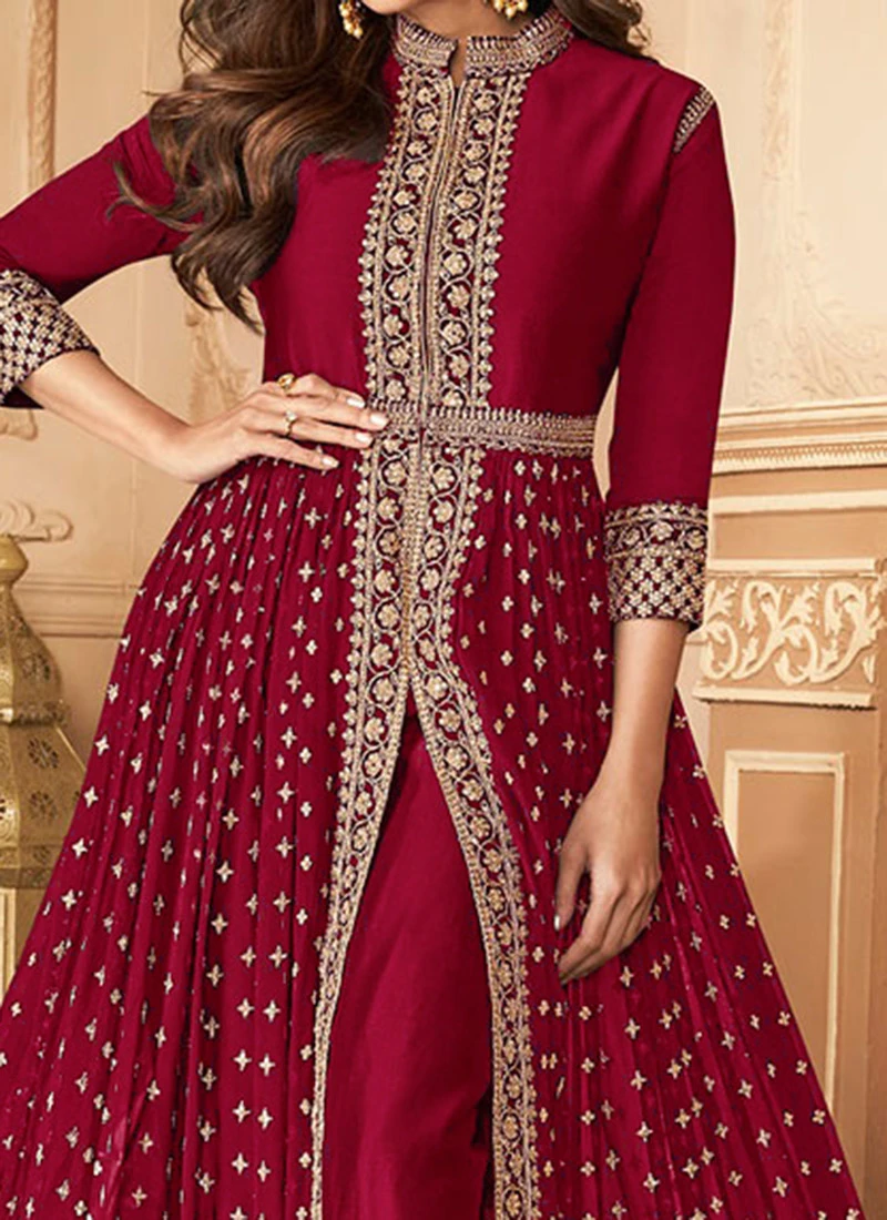 Shamita Shetty Wine Georgette Embroidered Anarkali Party Wear 1 Shamita Shetty Wine Georgette Embroidered Anarkali Party Wear