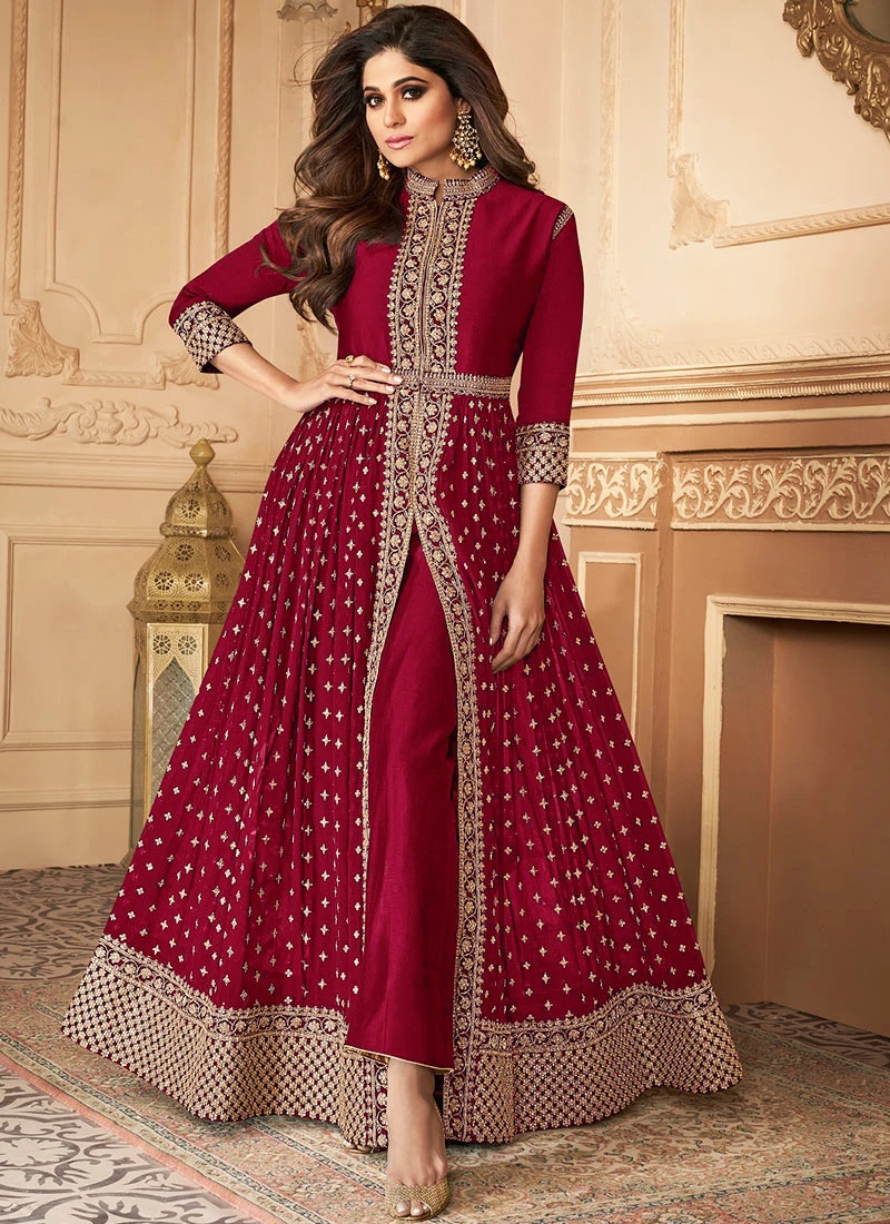 Shamita Shetty Wine Georgette Embroidered Anarkali Party Wear 3 Shamita Shetty Wine Georgette Embroidered Anarkali Party Wear - Image 3