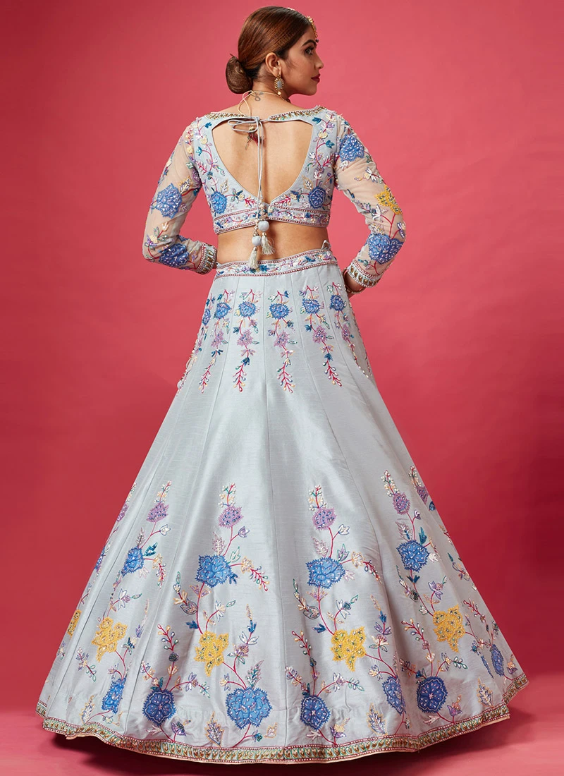 Sky Blue Embroidered And Hand Work Art Silk Umbrella Lehenga Wedding Wear 4 Sky Blue Embroidered And Hand Work Art Silk Umbrella Lehenga Wedding Wear - Image 4