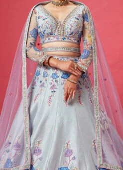 Sky Blue Embroidered And Hand Work Art Silk Umbrella Lehenga Wedding Wear