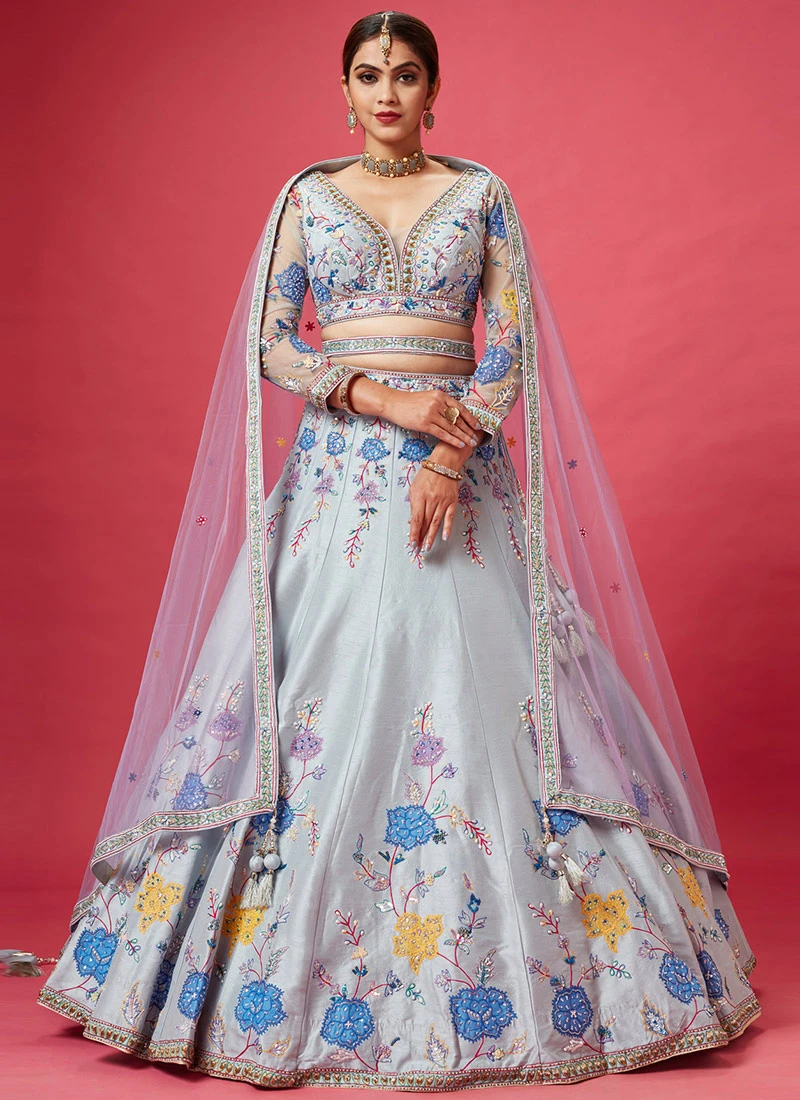 Sky Blue Embroidered And Hand Work Art Silk Umbrella Lehenga Wedding Wear 3 Sky Blue Embroidered And Hand Work Art Silk Umbrella Lehenga Wedding Wear - Image 3