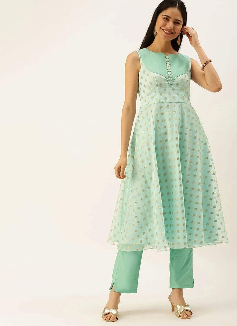 Sky Blue Organza Jacquard Kurta Set Festive Wear 3 Sky Blue Organza Jacquard Kurta Set Festive Wear - Image 3