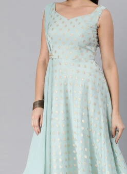 Sky Blue Organza Jacquard N Green Georgette Dress Wedding Wear