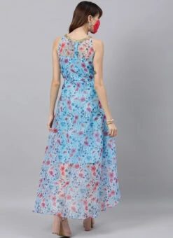 Sky Blue Printed Organza Asymmetrical Dress After Six Wear -C Bazaar Shop Sky Blue Printed Organza Asymmetrical Dress DRBS02105407 b