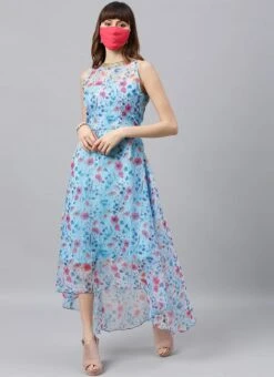 Sky Blue Printed Organza Asymmetrical Dress After Six Wear -C Bazaar Shop Sky Blue Printed Organza Asymmetrical Dress DRBS02105407 u