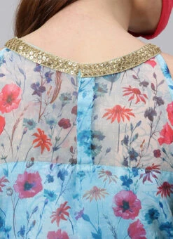 Sky Blue Printed Organza Asymmetrical Dress After Six Wear -C Bazaar Shop Sky Blue Printed Organza Asymmetrical Dress DRBS02105407 rrc2