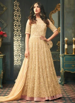 Sonal Chauhan Beige Net Anarkali Suit Wedding Wear -C Bazaar Shop Sonal Chauhan Cream Net Anarkali Suit SLSCC5308 u