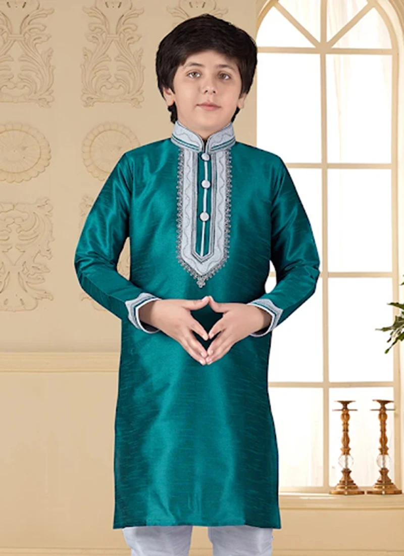 Teal Art Silk Kurta Pyjama Set 3 Teal Art Silk Kurta Pyjama Set - Image 3