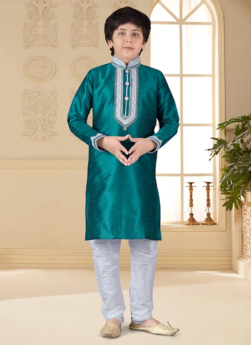 Teal Art Silk Kurta Pyjama Set 2 Teal Art Silk Kurta Pyjama Set - Image 2