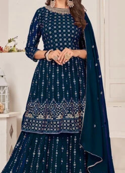 Teal Blue Georgette Embroidery Long Choli Lehenga Party Wear