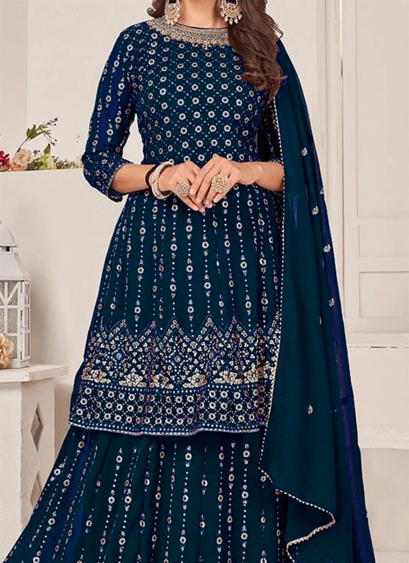 Teal Blue Georgette Embroidery Long Choli Lehenga Party Wear 1 Teal Blue Georgette Embroidery Long Choli Lehenga Party Wear