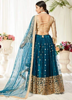 Teal Blue Silk Satin A Line Lehenga Party Wear -C Bazaar Shop Teal Blue Silk Satin A Line Lehenga GHSOMA1001 b