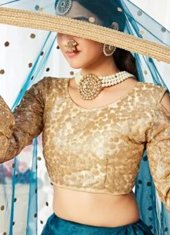 Teal Blue Silk Satin A Line Lehenga Party Wear