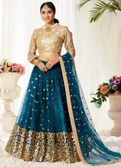 Teal Blue Silk Satin A Line Lehenga Party Wear -C Bazaar Shop Teal Blue Silk Satin A Line Lehenga GHSOMA1001 u
