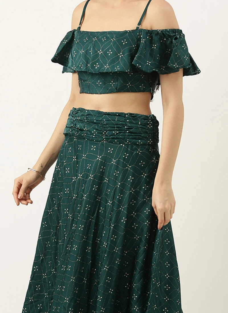 Teal Green Art Silk Foil Print Lehenga Set Festive Wear 1 Teal Green Art Silk Foil Print Lehenga Set Festive Wear