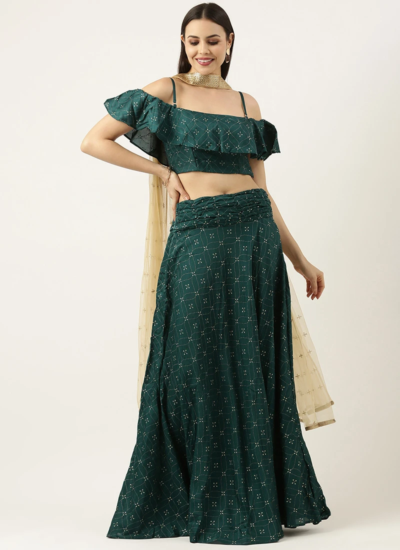 Teal Green Art Silk Foil Print Lehenga Set Festive Wear 3 Teal Green Art Silk Foil Print Lehenga Set Festive Wear - Image 3